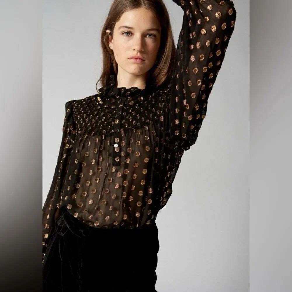 Antik Batik Black and Gold Polka Dot Blouse Sheer Size XS